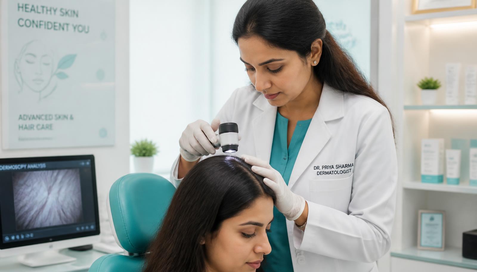 Dermatologist examining a patient's scalp with a dermatoscope in a clinic