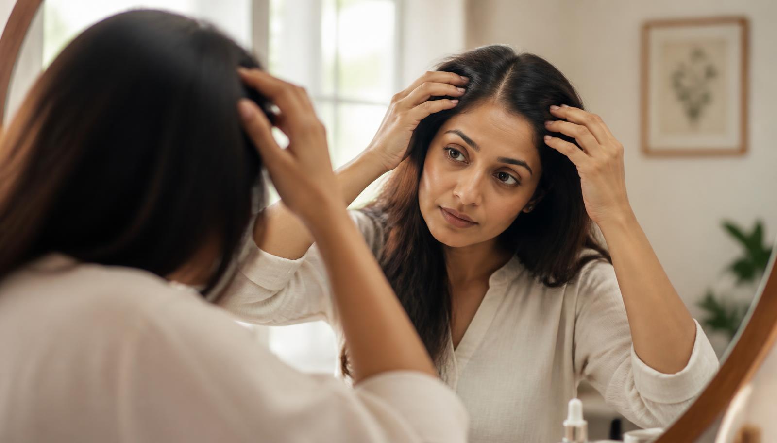 Woman examining her hair parting in soft natural light