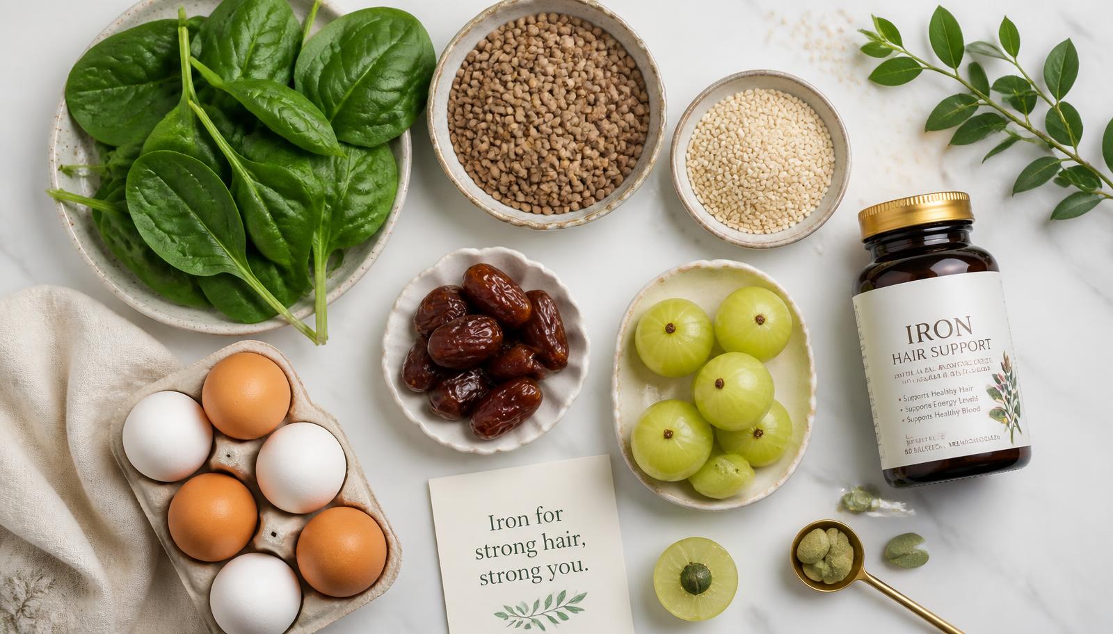 Iron-rich Indian foods including spinach, lentils, dates, amla, sesame and eggs with a supplement bottle