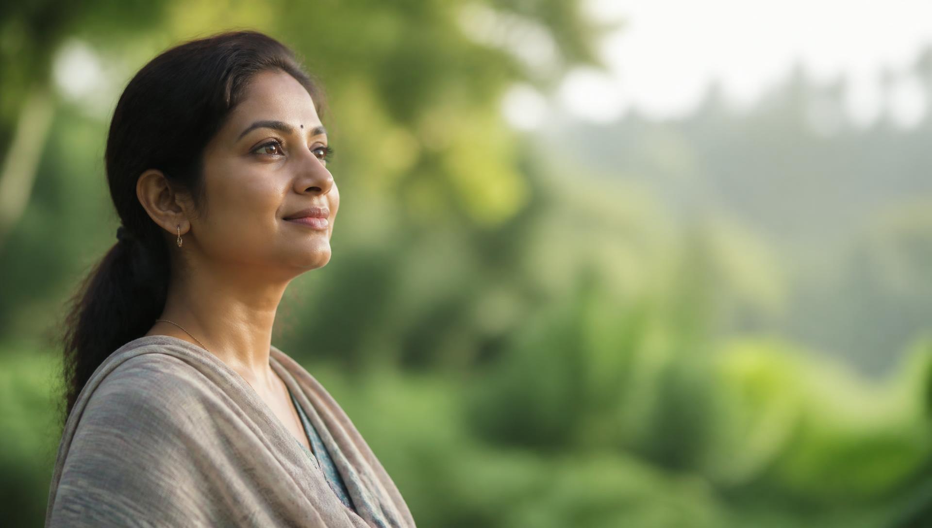 Woman looking ahead with hope, surrounded by greenery — Ramdev Medical healthcare access