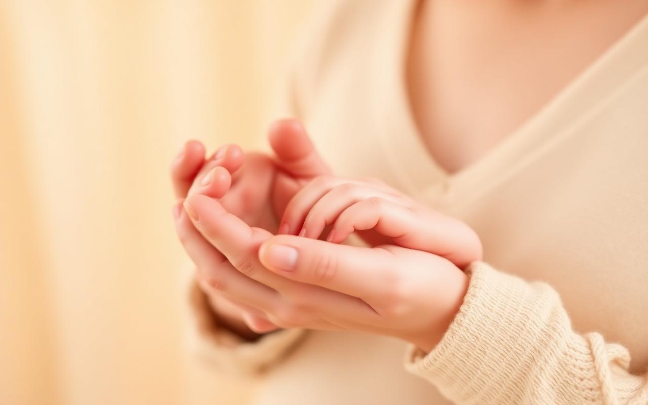 A mother's hands gently holding her newborn's tiny fingers